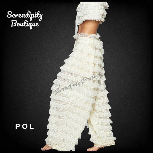POL Pants - POL Boho Feminine Fluttering All Over Soft Tiered Eyelet Lace Ruffle Wide Leg Pa